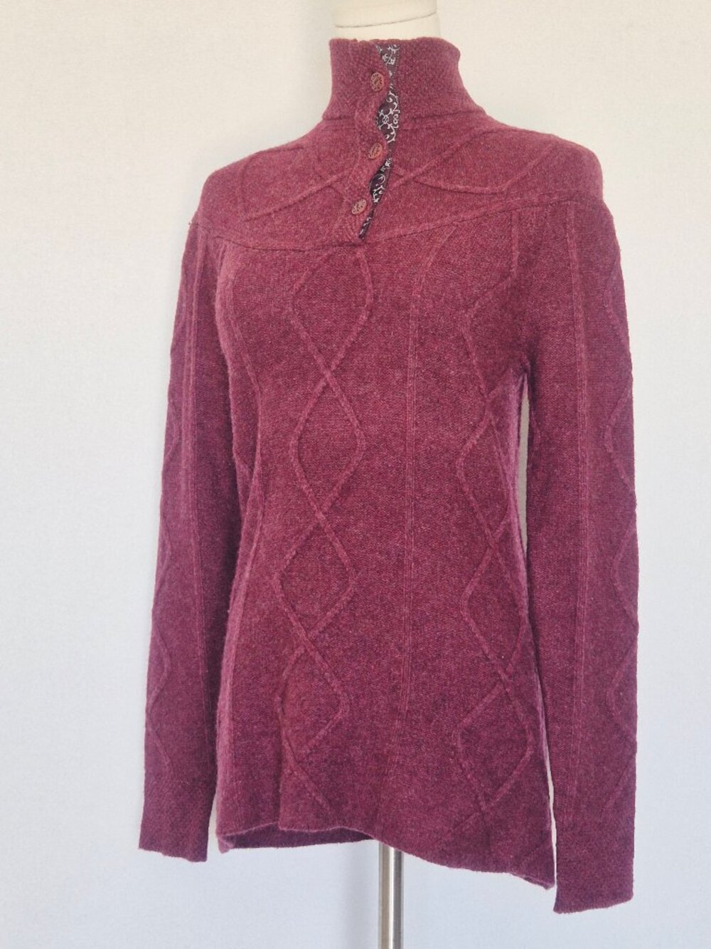 Horny Toad Joanna Lambswool Cable Knit Sweater Button Mock-Neck Dark Purple